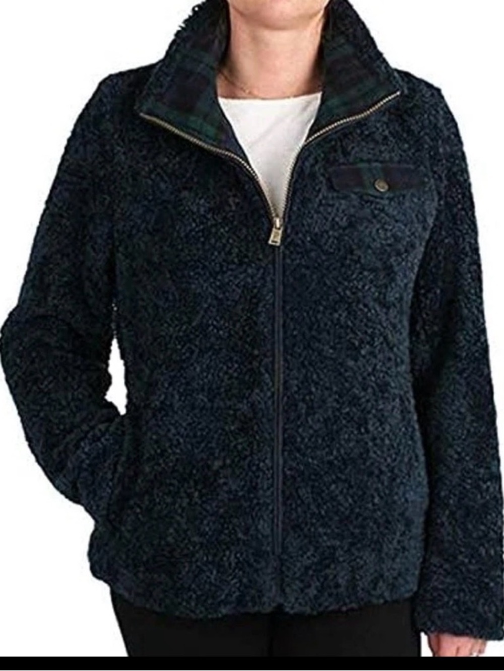 Pendleton Womens M Navy/Green Plaid Full Zip Fuzzy Teddy Jacket